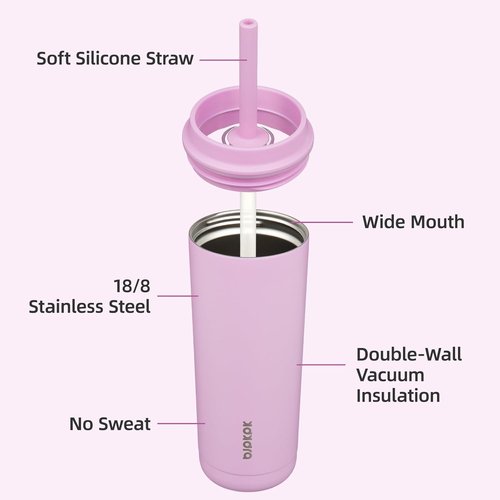 BJPKPK Insulated Tumbler - 20 oz Stainless Steel Travel Mug with Lid & Straw | Spill-Proof, Light Pink