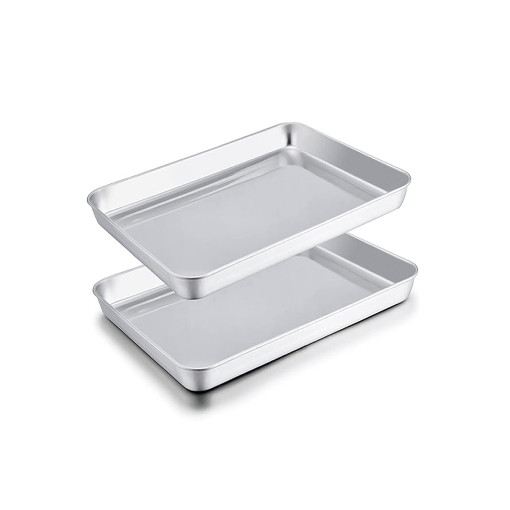 TeamFar Toaster Oven Pans, 9.3'' x 7'' x 1'' Stainless Steel Compact Toaster Oven Tray Ovenware, Healthy & Heavy Duty, Roll Edge & Mirror Finish, Easy Clean & Dishwasher Safe-2 PCS