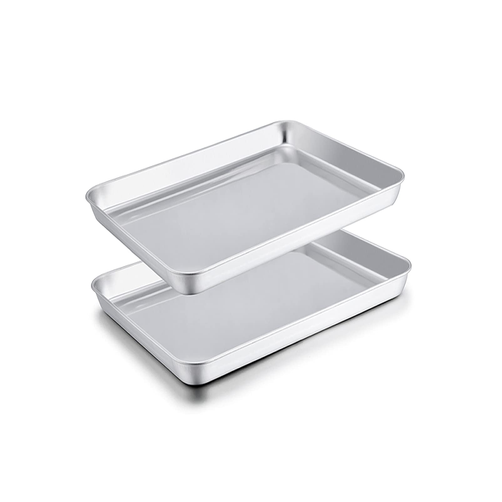 TeamFar Toaster Oven Pans, 9.3'' x 7'' x 1'' Stainless Steel Compact Toaster Oven Tray Ovenware, Healthy & Heavy Duty, Roll Edge & Mirror Finish, Easy Clean & Dishwasher Safe-2 PCS