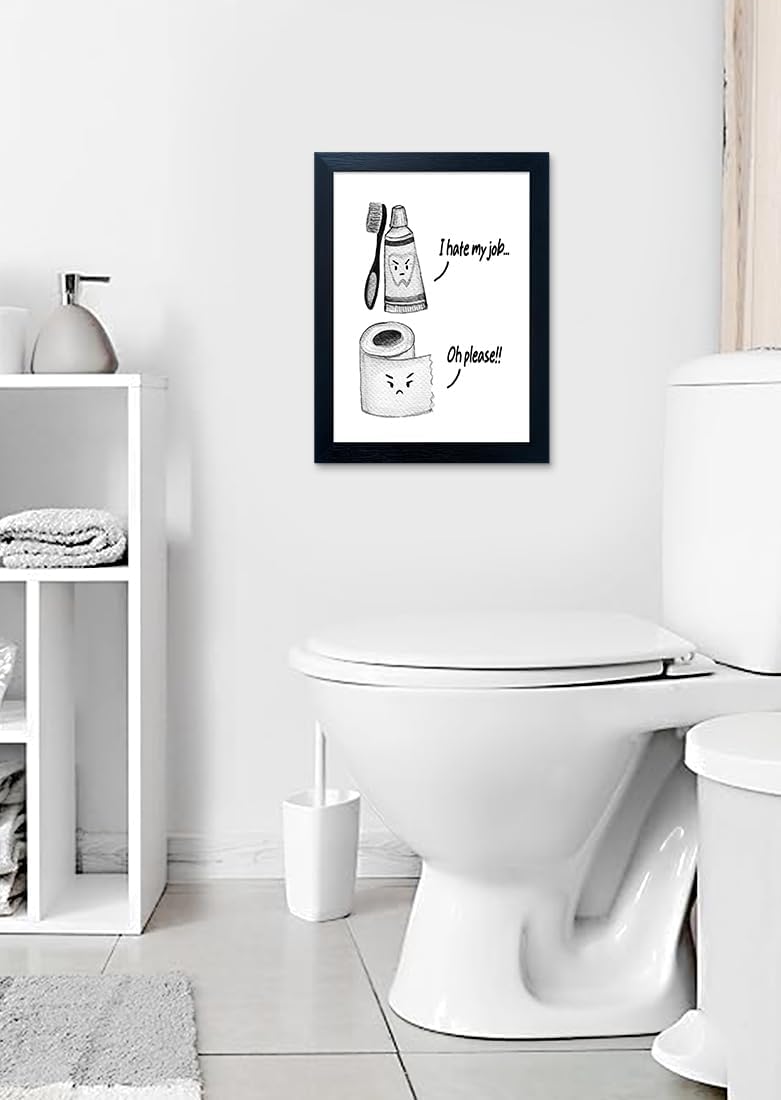 Regine Switzerland Kids Bathroom Wall Decor - Framed Black and White Print with Funny Toilet Paper & Toothbrush Artwork