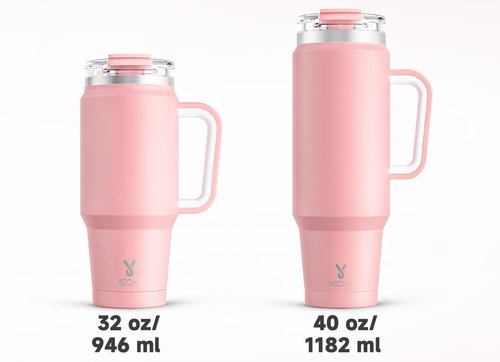 Meoky 32 oz Tumbler with Handle, Insulated Tumbler with Lid and Straw, Stainless Steel Travel Mug, Keeps Cold for 24 Hours, 100% Leak Proof, Fits in Car Cup Holder (Blush)