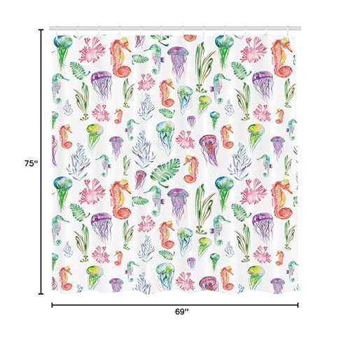 Ambesonne Jellyfish Shower Curtain, Colorful Seahorses Jellyfish and Seaweed Algae Fun Underwater Design Pattern, Cloth Fabric Bathroom Decor Set with Hooks, 69" W x 75" L, Green Pink