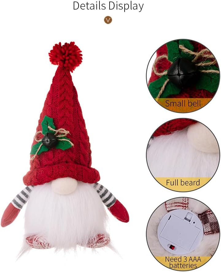 Skiennix Lighted Christmas Gnome Ornaments - LED Battery Operated Decorations | 2-Pack Set (Red & Grey)