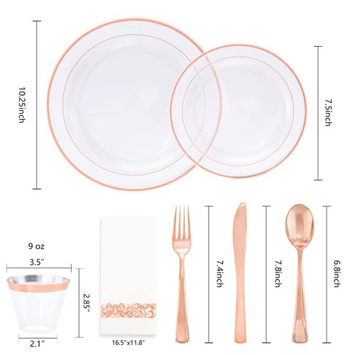 DaYammi 350Pcs Rose Gold Dinnerware Set Include: 50 Dinner Plates 10.25’’,50 Dessert Plates 7.5’’,50 Rose Gold Cutlery,50 Disposable Cups 9 OZ with 50 Napkins for Party
