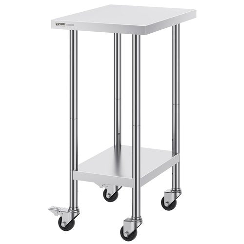 VEVOR Stainless Steel Work Table 24 x 18 x 38 Inch, with 4 Wheels, 3 Adjustable Height Levels, Heavy Duty Food Prep Worktable for Commercial Kitchen Restaurant, Silver