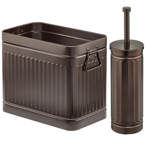 mDesign Metal Compact Toilet Bowl Brush, Rectangle Wastebasket, Garbage Can/Recycling Bin Combo for Bathroom Cleaning/Storage, Holds Tissue, Cotton Balls, Trash, Set of 2 - Bronze