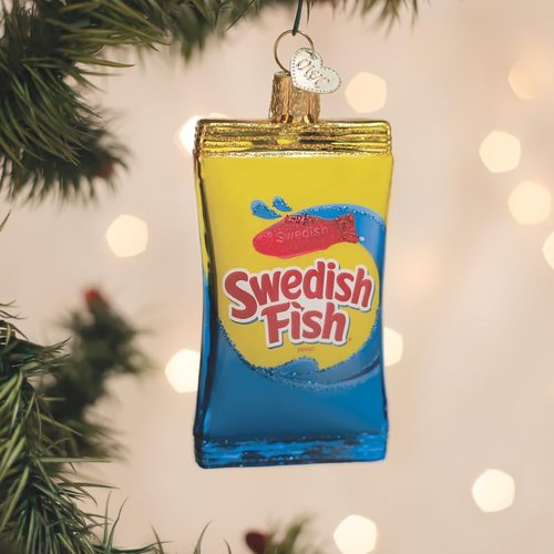 Old World Christmas Swedish Fish Candy Bag Glass Blown Ornament for Christmas Tree, Handcrafted Holiday Decoration, Candy Brand Collection