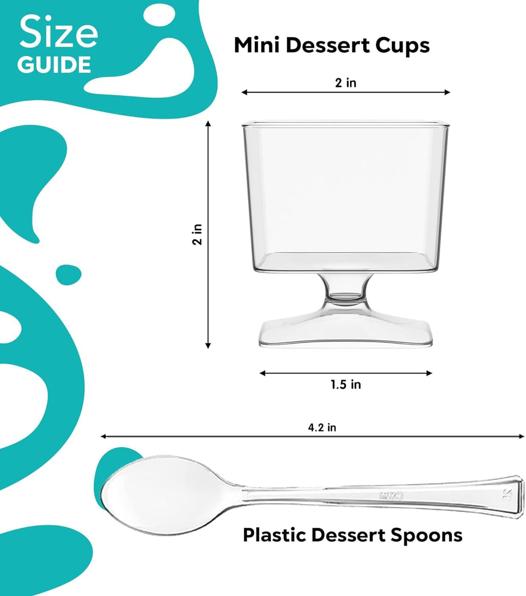 Exquisite Mini Dessert Cups With Spoons 200 Pcs - 2 Oz Square Clear Plastic Pudding Cups Disposable With Tasting Spoons 100 Sets | Mini Parfait Cup | Appetizer Cup For Party & Events