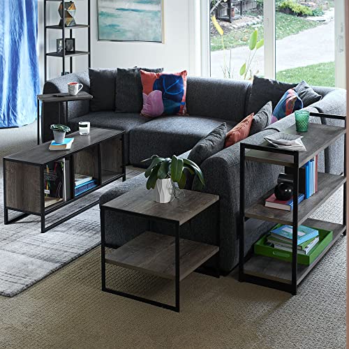 Household Essentials Jamestown TV Stand Coffee Table with Square Cube Storage Compartments Ashwood Rustic Wood Grain and Black Metal
