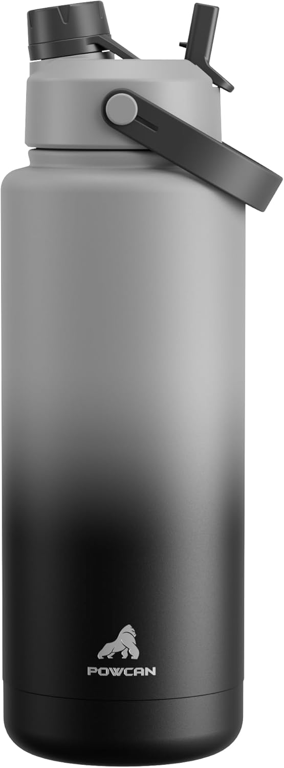POWCAN 40 oz Insulated Water Bottle - 2-in-1 Straw & Spout Lid | Keeps Drinks Cold 24H, Leak-Proof, BPA-Free (Obsidian)