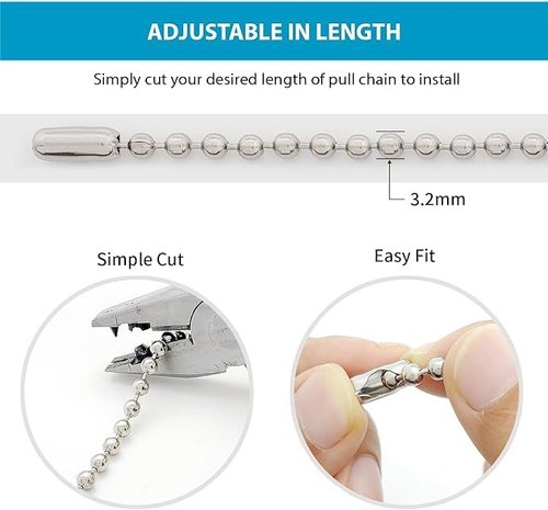 Ceiling Fan Pull Chain Extenders – 16 ft 3.2 mm Stainless Steel Ball Chain with 20 Connectors, Fan and Light Pull Chain Extension for Fixtures