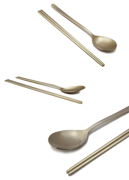 BALWOO [5 Sets] [Made in Korea] Korean Sticky Rice Spoon Chopsticks Set Gold Titanium Plating 304 Stainless Steel Tableware Cutlery Set Mukbang Chopsticks (Korean Apricot Blossom TITANIUM, 5 Sets)