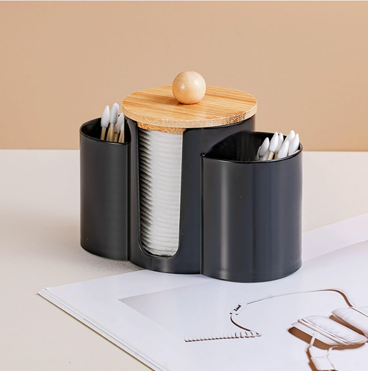 Q-Tip Holder by 3-in-1 | Premium Bathroom Organizer Canister with Dustproof Lid - Black