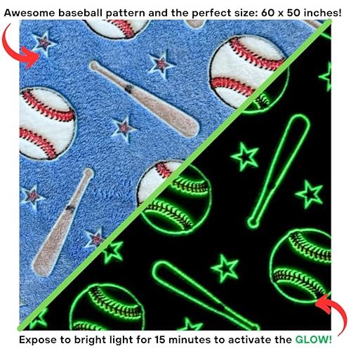 Blanket Buddies Baseball Throw Blanket: Glow in The Dark, Cozy, Soft, Warm Fleece Blanket for Boys and Girls, 50" x 60" (Navy)