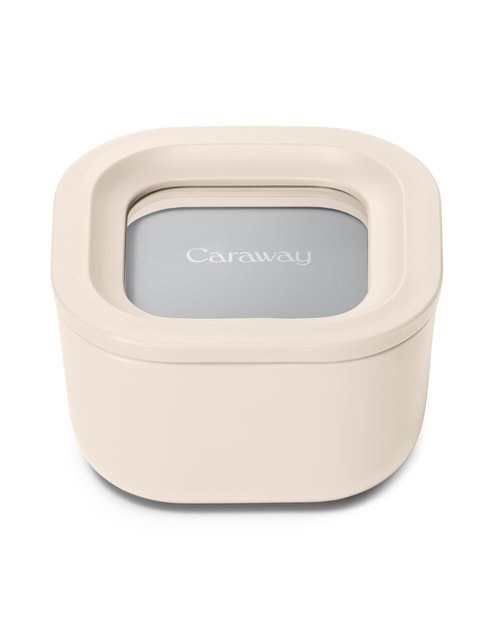 Caraway Mini Square Food Storage Container - 1.75 Cup Glass Storage Container for Food - Non-Toxic Ceramic-Coated Glass - Air Release Technology - Compact & Stackable Design - Cream