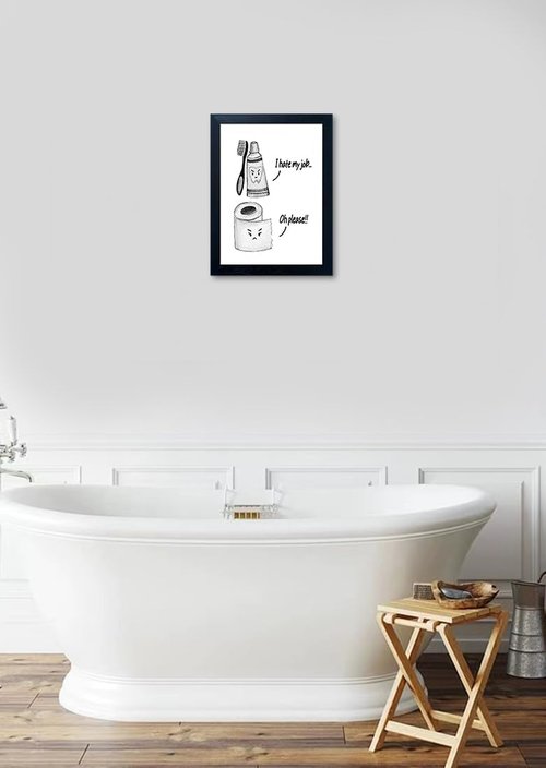 Boswaydeco Kids Bathroom Decor - Cute Black and White Wall Art Print | Funny Toilet Paper & Toothbrush Design