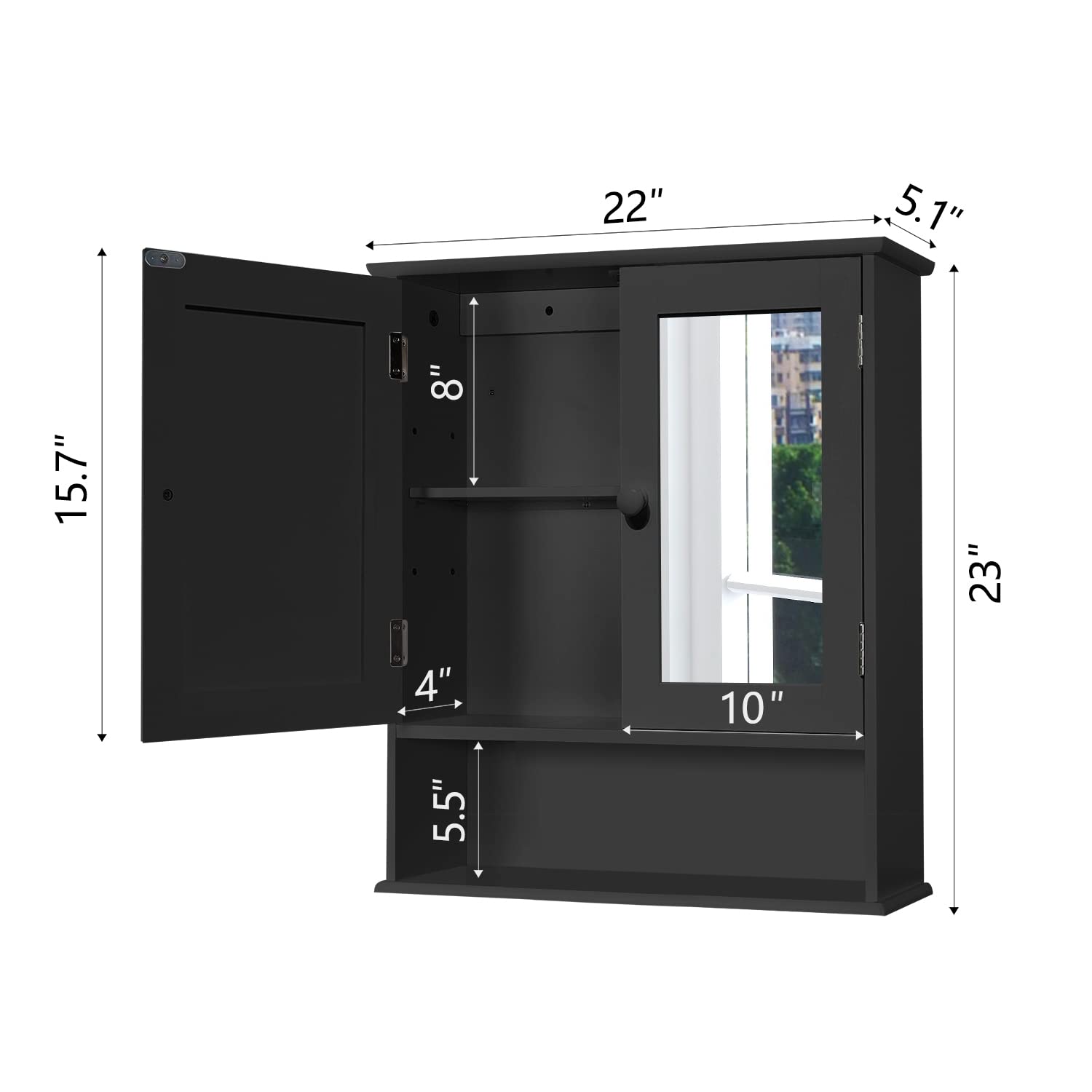 TaoHFE Black Medicine Cabinet, 2 Doors 3 Open Shelf, Wall Mounted Wooden Storage Cabinet Over Toilet