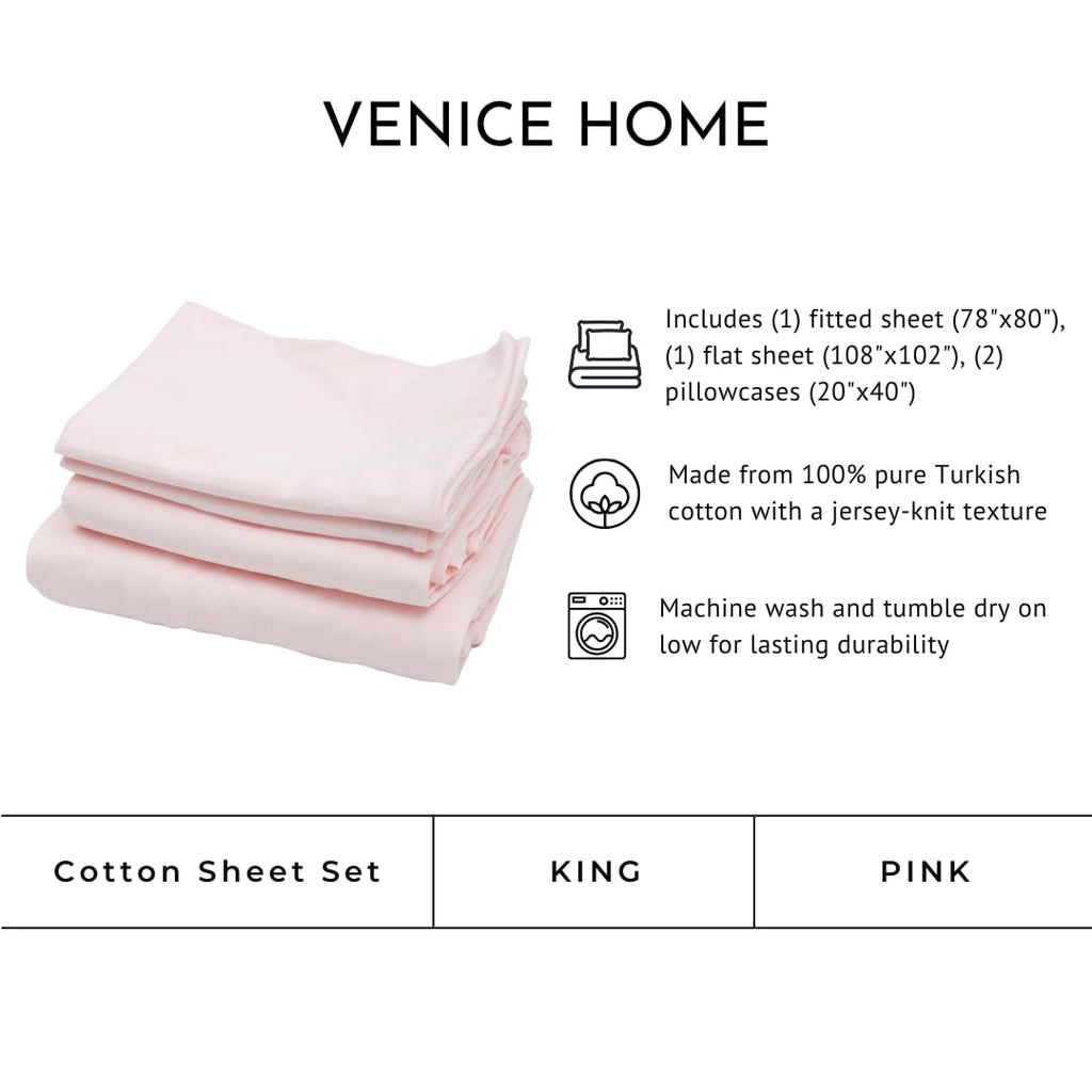 Venice Home 100% Cotton Bed Sheet Set with Deep Pocket - T-Shirt Fabric Jersey Knit - Extra Soft - Easy Fit - 4 Piece Set with Pillowcases - All Season - Comfy – 4 pcs (Pink, King)