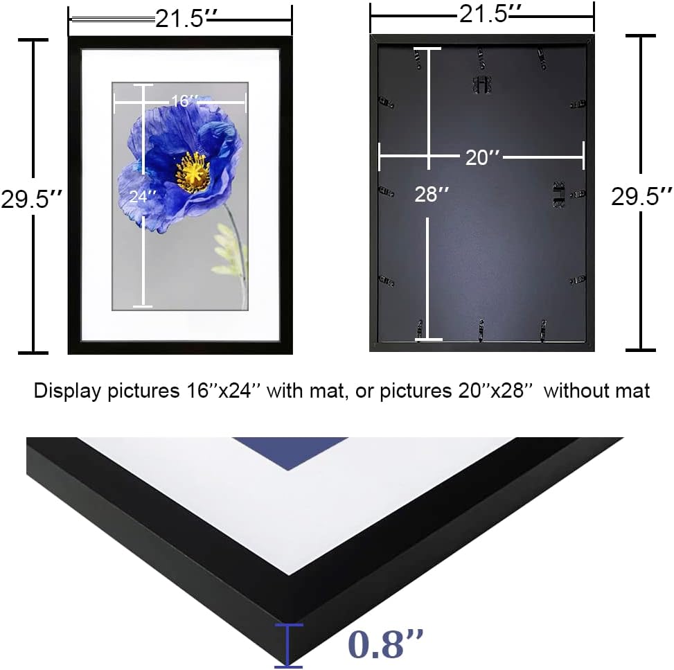 VNVNK 20x28 Black Picture Frame - Ideal for 20x28 Inch Photos Without Mat or 16x24 Inch With Mat | Home Wall Decor