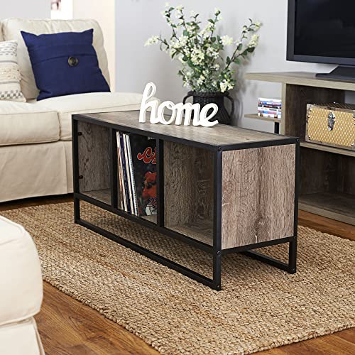 Household Essentials Jamestown TV Stand Coffee Table with Square Cube Storage Compartments Ashwood Rustic Wood Grain and Black Metal