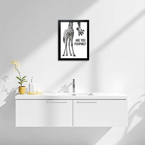 Funny Giraffe Bathroom Wall Art - 'Are You Pooping?' 8x10" Black & White Framed Print | Quirky Home Décor