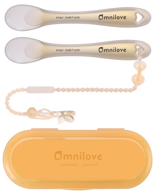 Omnilove Silicone Baby Spoons 2-Pack with Case, Self Feeding 6 Months, Baby Led Weaning Supplies, Toddler Utensils with Safety Chain, Toddler Essentials, Dishwasher Safe Baby Safety Products