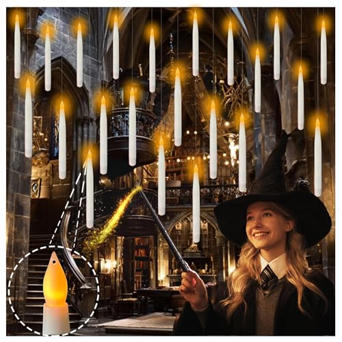 QVAIVE 18Pcs Floating Candles with Magic Wand Remote, Battery Operated Flameless Taper Candles, Flickering Warm LED Light Window Candle for Halloween Decorations Christmas Wedding Party Decor