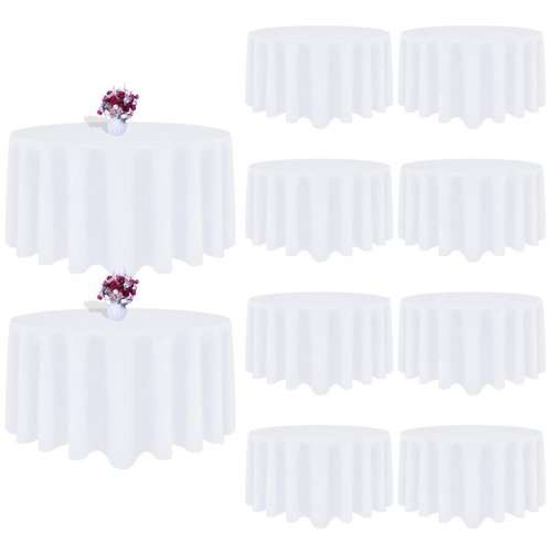 CKIKU 10 Packs 120 Inch White Round Tablecloth in Diameter, Washable Polyester Fabric Tablecloths, Wrinkle Resistant Table Cloth for Wedding Party Banquet Dining