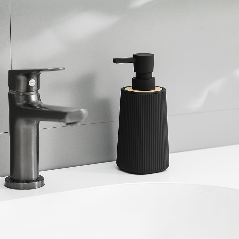 Skiennix Small Soap Dispenser - Modern Farmhouse Striped Design | Black Plastic with Bamboo Accent