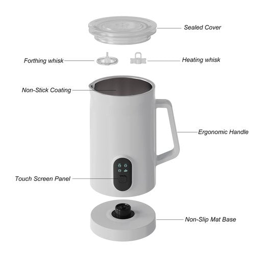 JZLHYSNDYL 4 IN 1 Electric Milk Frother, Automatic Hot & Cold Milk Foamer, 19.6oz/580ml Large Capacity for Latte Coffee Hot Chocolates Cappuccino (White, 220V EU PLUG)