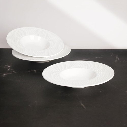 Creative home decor ceramic wide-rimmed soup bowls/plates, 5.3 oz pasta bowl set of 4, white embossed bowls and plates with rims, perfect for upscale restaurants, hotels and gourmets.