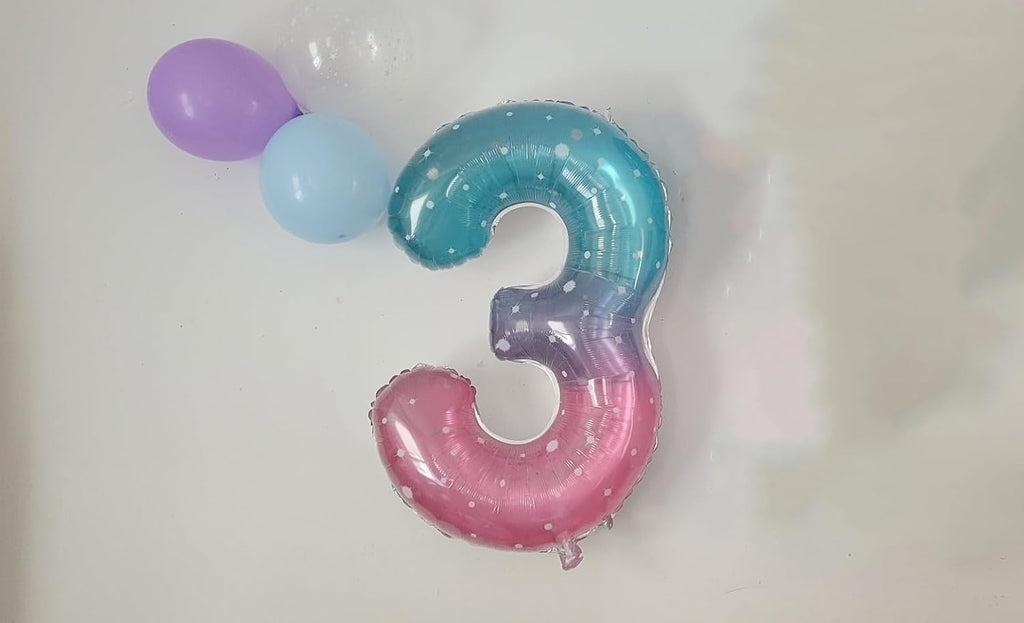 Numbers Balloon 3 - 40 Inch Large Pink, Purple & Blue Balloon for 3rd Birthday Party Decor