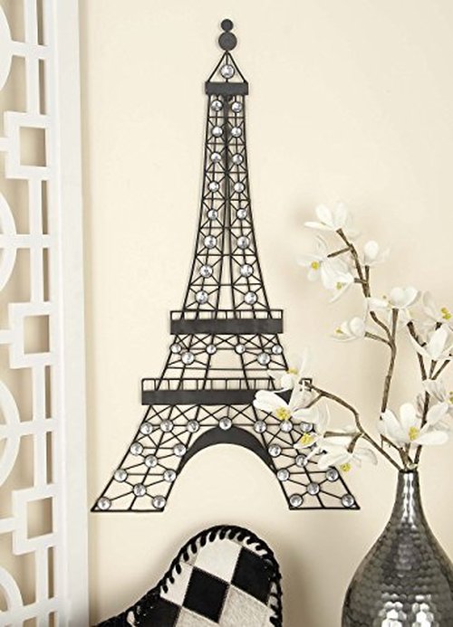 Deco 79 Metal Eiffel Tower Home Wall Decor 3D Wire Wall Sculpture with Crystal Embellishments, Wall Art 18" x 1" x 32", Black