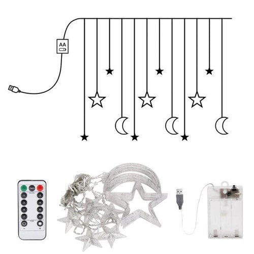Moon and Stars Decor Curtain Lights, 11.5ft String Lights for Bedroom, Christmas, Ramadan Decor, Indoor LED Fairy Twinkle Light, Battery Operated or USB Plug-in (Warm Yellow + Remote)