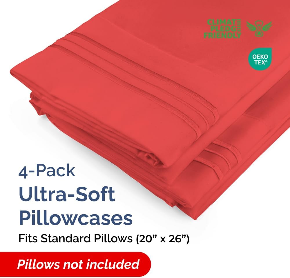 Skiennix Standard Pillow Cases Set of 4 - Ultra Soft Hotel Quality Covers - Machine Washable Red
