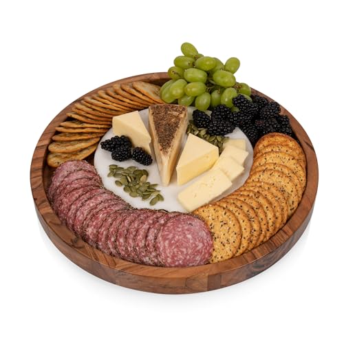 PICNIC TIME Isla Serving Platter with Marble Cheeseboard Insert, Acacia Wood Charcuterie Board Set, Round Serving Chopping Tray, (Acacia Wood with Marble)