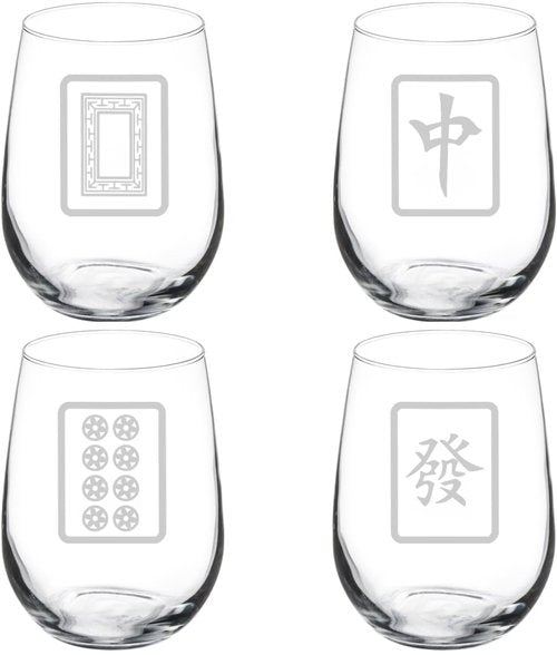 MIP Set of 4 Wine Glass Gift Goblet Mahjong Tiles Collection (17 oz Stemless)