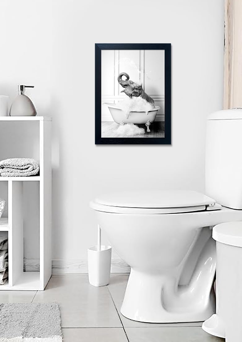 Regine Switzerland Elephant in Bathtub Wall Art | Funny Black and White Canvas Print for Bathroom Decor