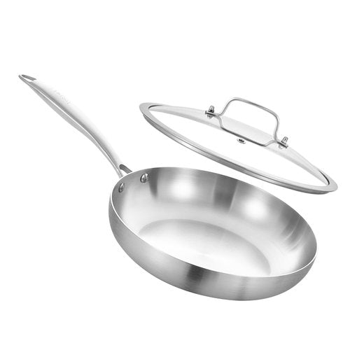 Inqibee 8 Inch Stainless Steel Frying Pan with Lid, Tri-Ply Clad Small Skillet, Induction Ready & Compatible with All Cooktops, Oven and Dishwasher Safe, Non-Toxic PFOA-Free Cookware