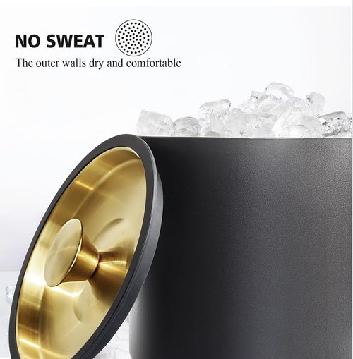 3.2L/3.4QT Modern Insulated Ice Bucket with Silicone Lid, Scoop, Strainer, Double Wall Stainless Steel Ice Bucket for Parties & Cocktail Bar,Ideal for Gift(Black)