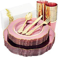 KIRE 210Pcs Clear Pink Plastic Plates with Gold Rim - Disposable Pink Plates for Party - 30 for Dinner 30 for Dessert 90 Silverware 30 Napkins 30Cups for Upscale Wedding/Party/Baby Shower/Mother's Day