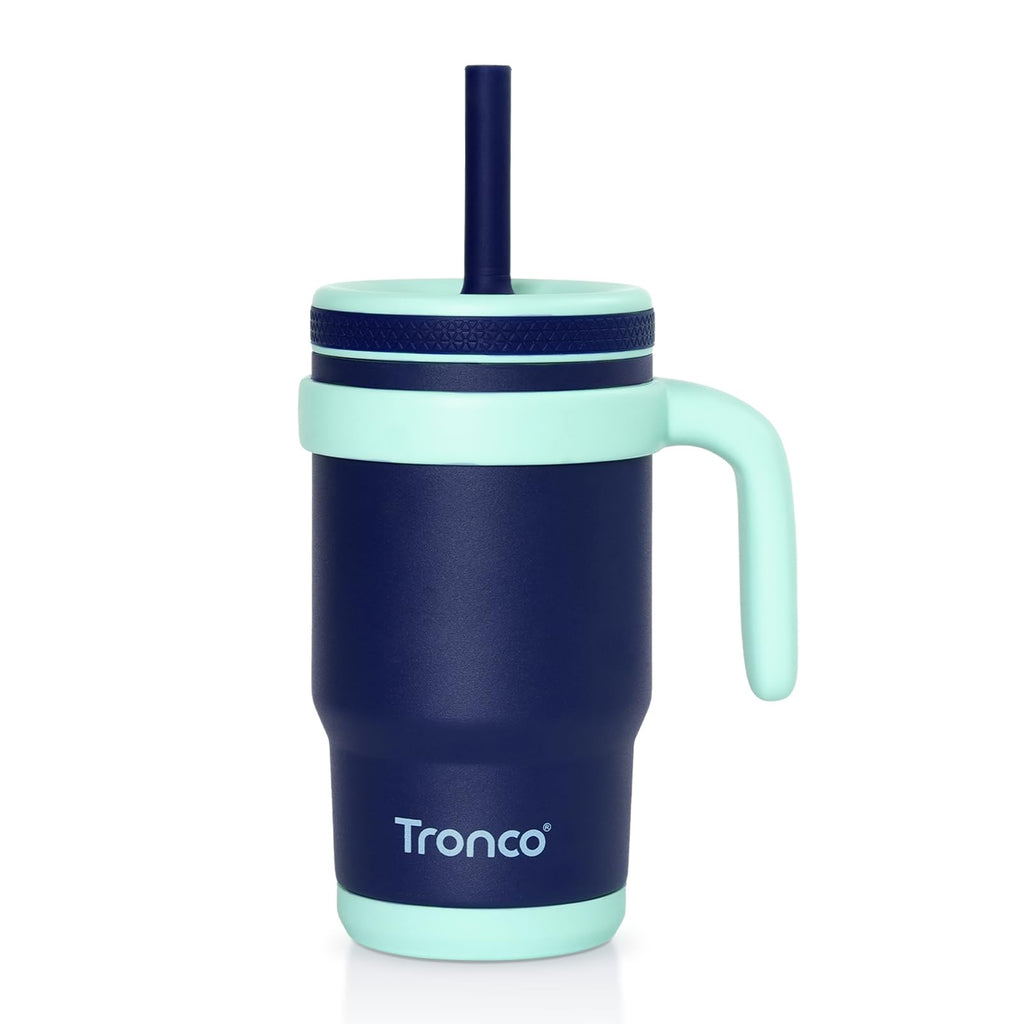 Tronco 14 oz Kids Insulated Tumbler with Handle & Spill Resistant Flexible Straw, BPA-Free Stainless Steel Toddler Cups with Lids, Splash-Proof Kid Drinking Cup Travel Mugs, Easy to Clean