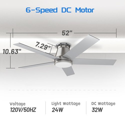 wurzee 52" Flush Mount Ceiling Fan Brushed Nickel Ceiling Fan 6 Speeds DC Reversible Motor, Timing, Dimmable, 5 Blades for Bedroom,Living, Dining Indoor Patio Porch Garage Shop