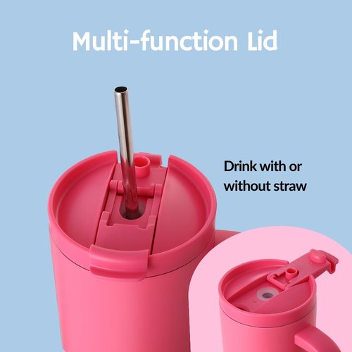 BriteLune 40oz Insulated Tumbler with Handle & Straw Lid | Keeps Cold for 30hrs, Hot12hrs | 100% Leakproof Stainless Steel Water Bottle | Cup holder friendly Travel Mug | Hot Pink