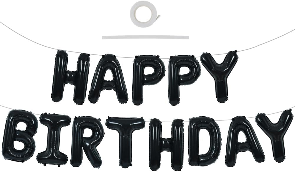 TONIFUL Black Happy Birthday Balloons Banner - 16 Inch Mylar Foil Letters for 30th, 40th, 50th, 60th Celebrations | Reusable Party Decor