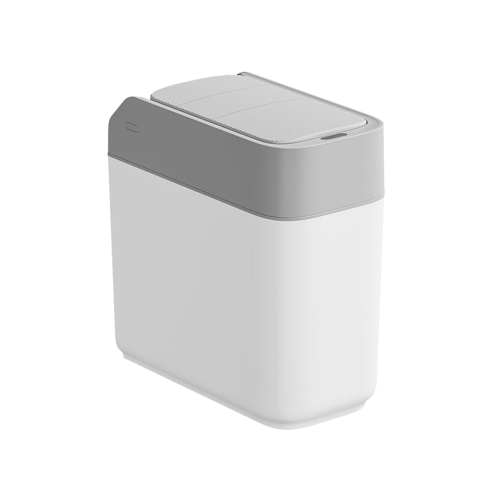 Small Bathroom Trash Cans with Lids,Motion Sensor Bathroom Trash Can,Waterproof Plastic 3.2 Gallon Automatic Adsorption Touchless Garbage Can for Kitchen,Living Room,Office,Laundry,White/Grey