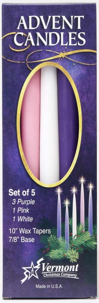 Vermont Christmas Company Advent Candles Set - 10" Wax Taper Candles in Purple, Pink & White | 5-Pack