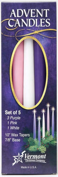 Vermont Christmas Company Advent Candles Set - 10" Wax Taper Candles in Purple, Pink & White | 5-Pack