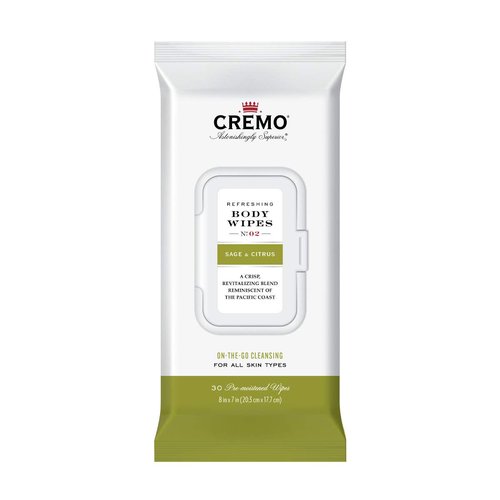 Cremo Refreshing Sage & Citrus Body Wipes, A Revitalizing Combination of Bright Mandarin, Dry Herbs and White cedar, 60 Count