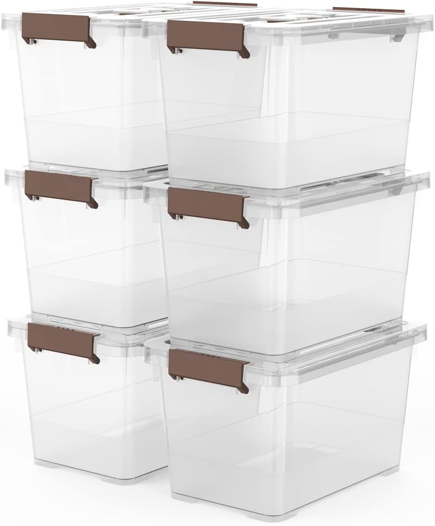 WYT 7 Quart Clear Storage Bins - Stackable Plastic Latch Boxes with Brown Handle | 6-Pack